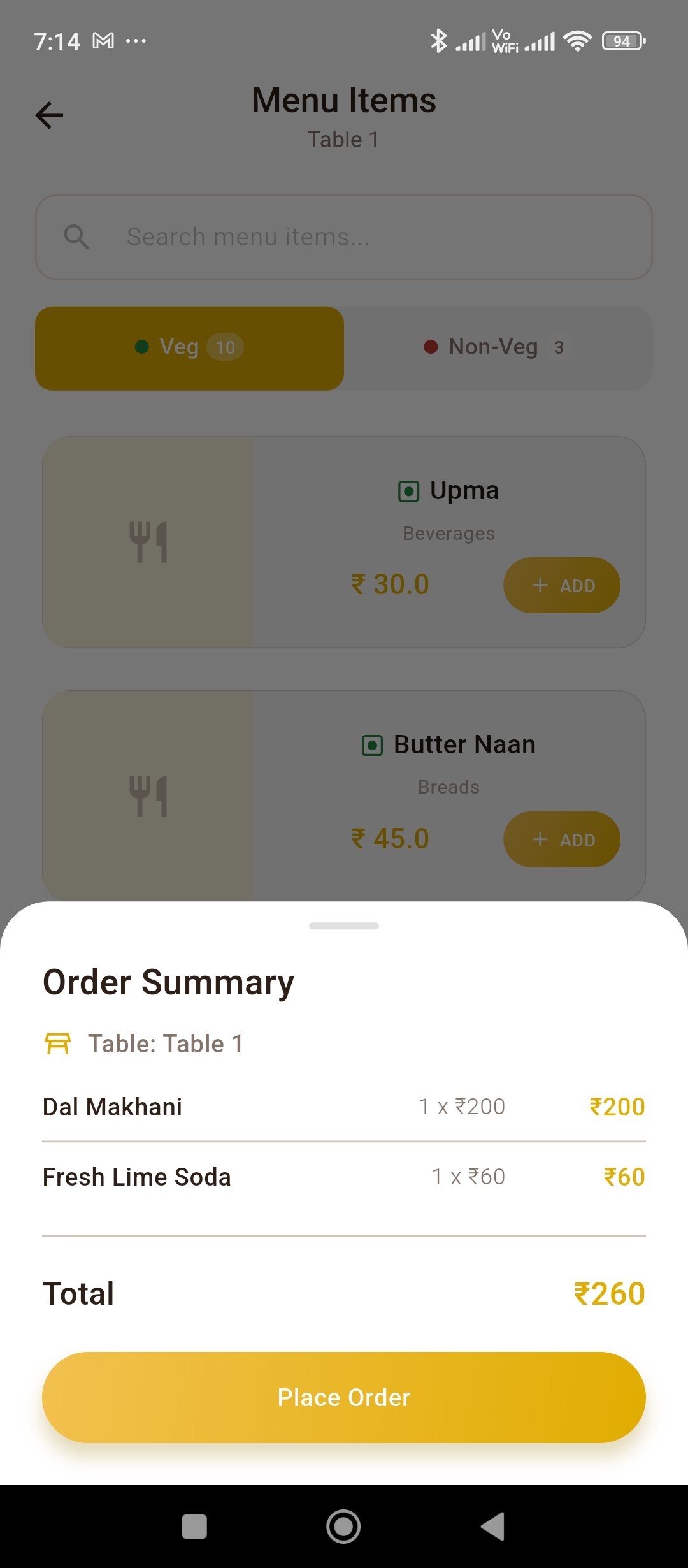 Waiter order summary